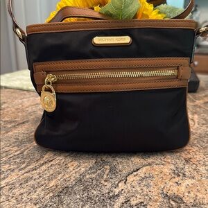 Michael Kors Black and Brown Nylon Crossbody Bag with Gold Hardware